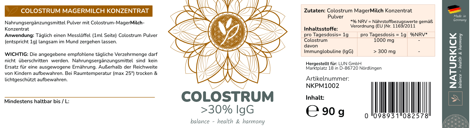 NATURKICK Roh Colostrum mit 30% IgG 90g Magermilchkonzentrat