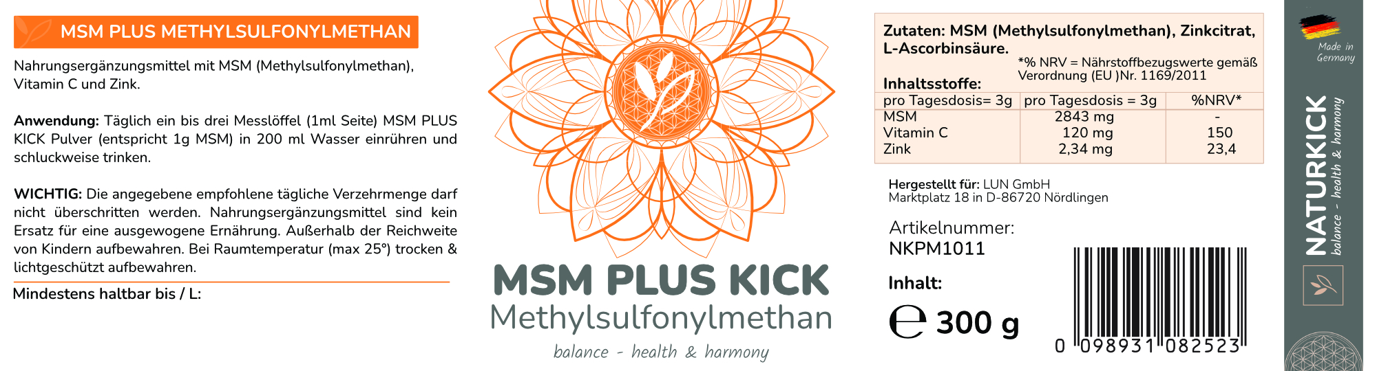 NATURKICK MSM Plus Kick 300g  | 99,9% Methylsulfonylmethan | Ohne Zusatzstoffe | Organischer Schwefel | 100% Vegan mit Vitamin C und Zink|Made in Germany