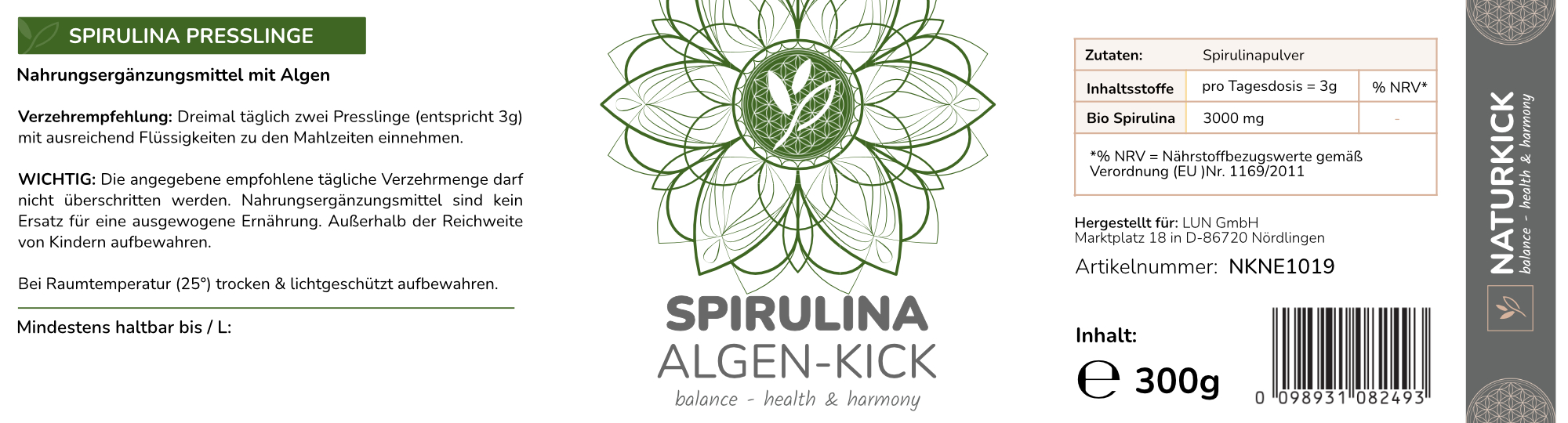 NATURKICK Spirulina Algen-Kick Presslinge ca. 600 Stück 300g 100% Spirulina ohne Zusätze Spirulina Tabletten Hochdosiert, Vegane Proteine, Mineralstoffe, Blaualge, Natur-Manufaktur, Reine Spirulina Algen aus kontrolliert Anbau