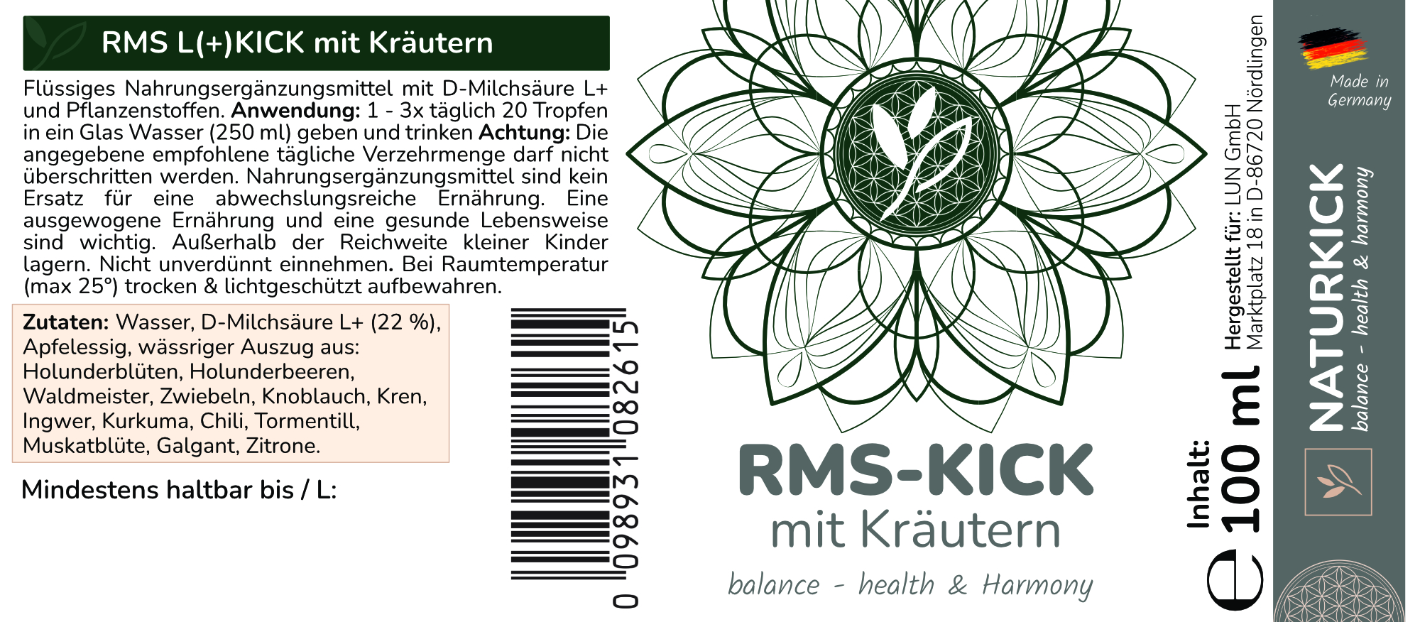 NATURKICK RMS-Kick mit Kräutern 100ml RMS Milchsäure 22% L(+)- 100 ml [rechtsdrehende Milchsäure] – mit sehr hoher bioverfügbarkeit durch beste Kräuter- in Lebensmittelqualität – einzigartige Rezeptur, sehr verträglich, Made in Germany